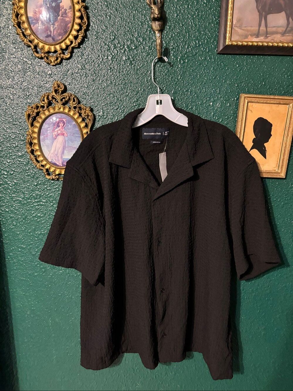 Abercrombie And Fitch Seersucker Black Cropped Button Down Sz XL NWT